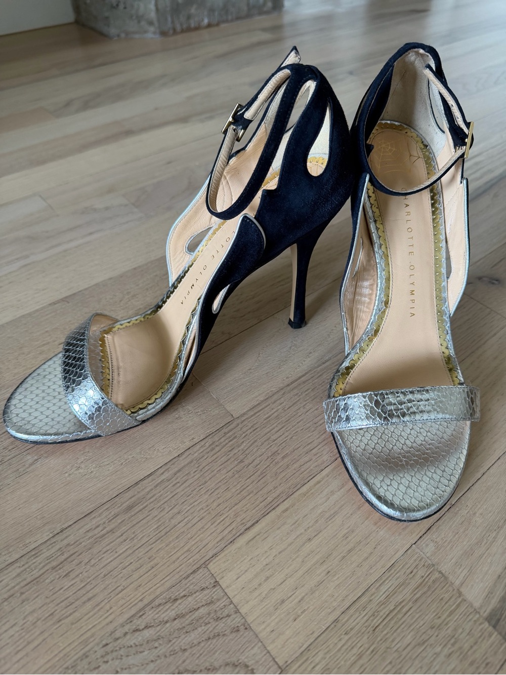 Charlotte Olympia Navy Suede and Silver Snakeskin Open-Toe Ankle-Strap Heels